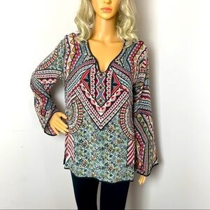 Tolani 100% Silk Boho Aztec Print Tunic Top – Size Medium